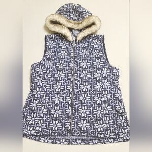 T By Talbots Womens Knit Vest Large Zip Faux Fur Hood  TrimPockets Fleece Lined